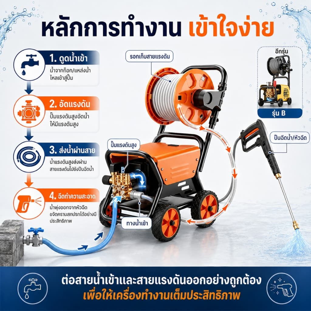 REAIM เครื่องฉีดน้ำแรงดันสูง 5800W ปรับแรงดันน้ำได้ เคลื่อนย้ายสะดวก ดูดน้ำได้ด้วยตัวเอง รูปที่ 6