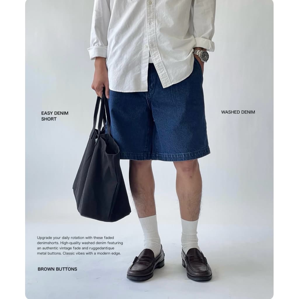 BROWN BUTTONS EASY DENIM SHORTS กางเกงยีนส์ฟอก ขากว้าง รูปที่ 1