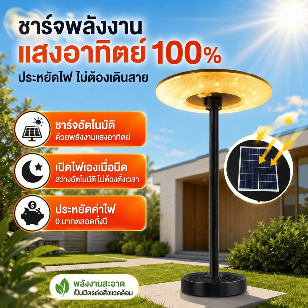 แสงอบอุ่นซื้อ 1 แถม 5ไฟโซล่าเซลล์ UFO Solar Light ทรงกลม 8500000W LED พลังงานแสงอาทิตย์ สปอร์ตไลท์ IP69 กันน้ำ ป้องกัน รูปที่ 2