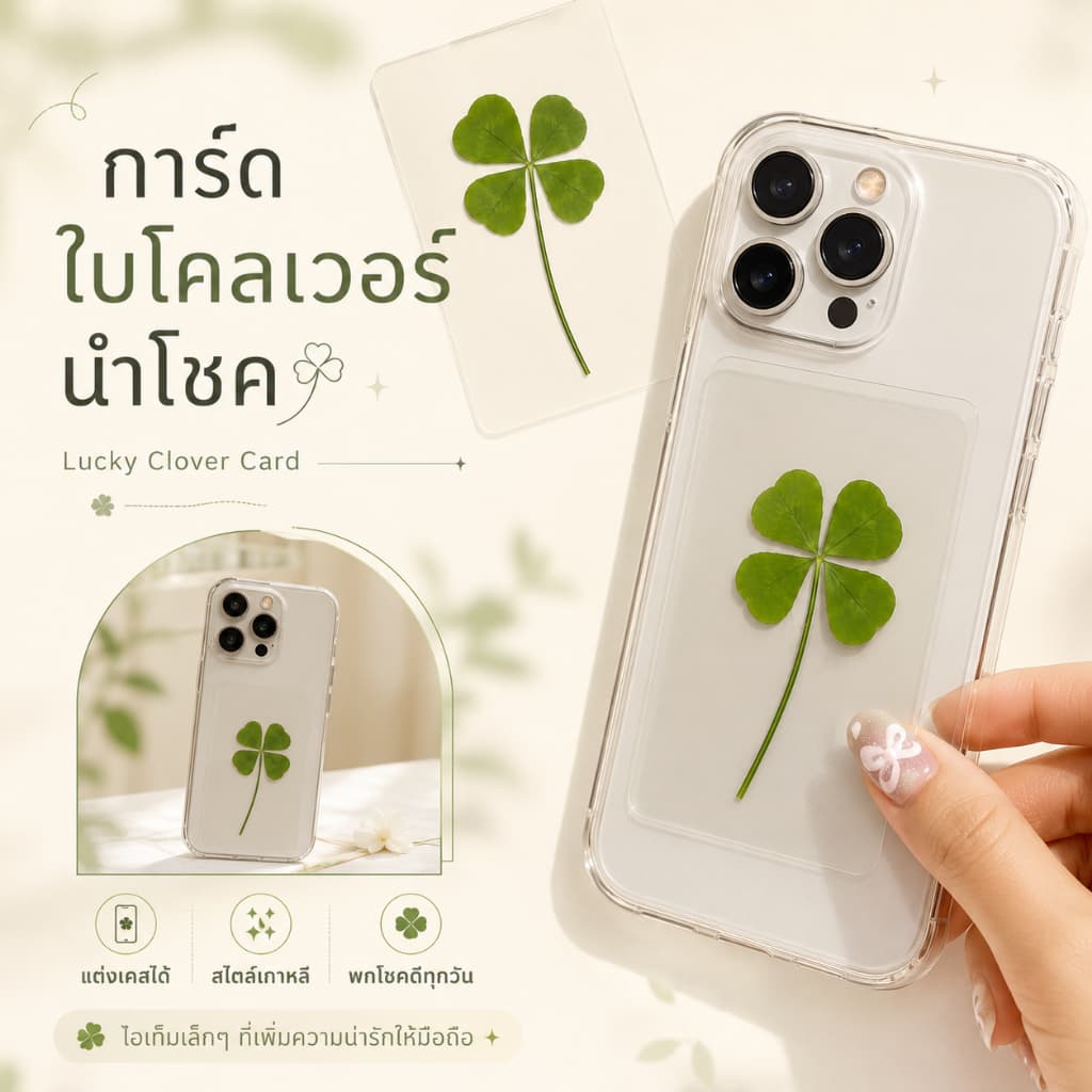 ใบโคลเวอร์ 4 แฉก เครื่องรางนำโชค ใบโคลเวอร์เสริมดวง ความรัก/โชคลาภ ใส่หลังเคสมือ รูปที่ 9