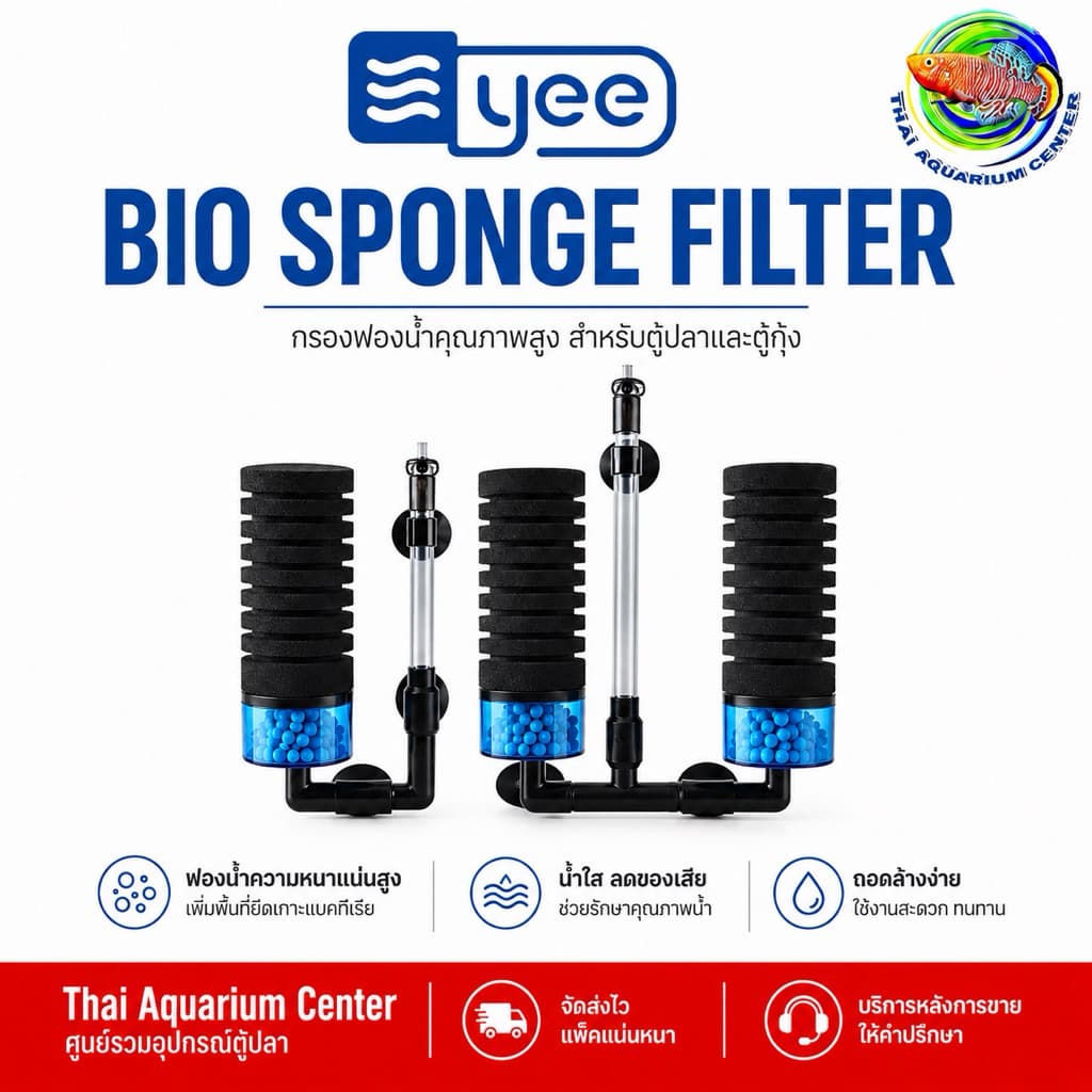 YEE BIO Sponge Filter ออกแบบมาเพื่อการกรองน้ำที่มีประสิทธิภาพในตู้ปลาทุกขนาด โดยใช้ร่วมกับปั๊มลมออกซิเจนและดูดตะกอนในน้ำ รูปที่ 1