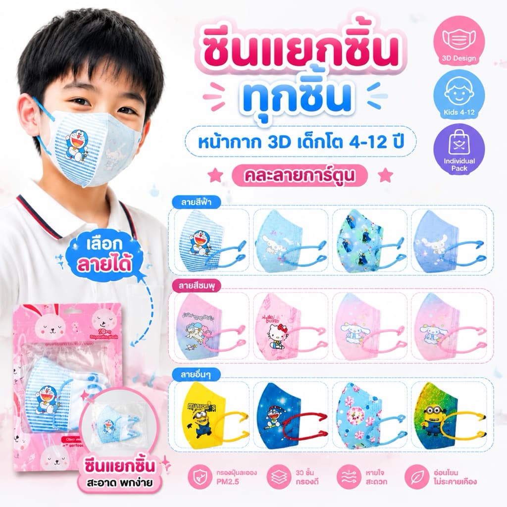หน้ากากอนามัย3Dเด็ก งานดี 1แพ็ค 10 ชิ้น เด็กอายุ 4-12 ปี รูปที่ 1