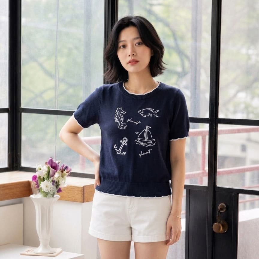 Glucoat | เสื้อนิตติ้งไหมพรมสีกรม ปักลายทะเล แต่งขอบหยักสีขาว รูปที่ 3