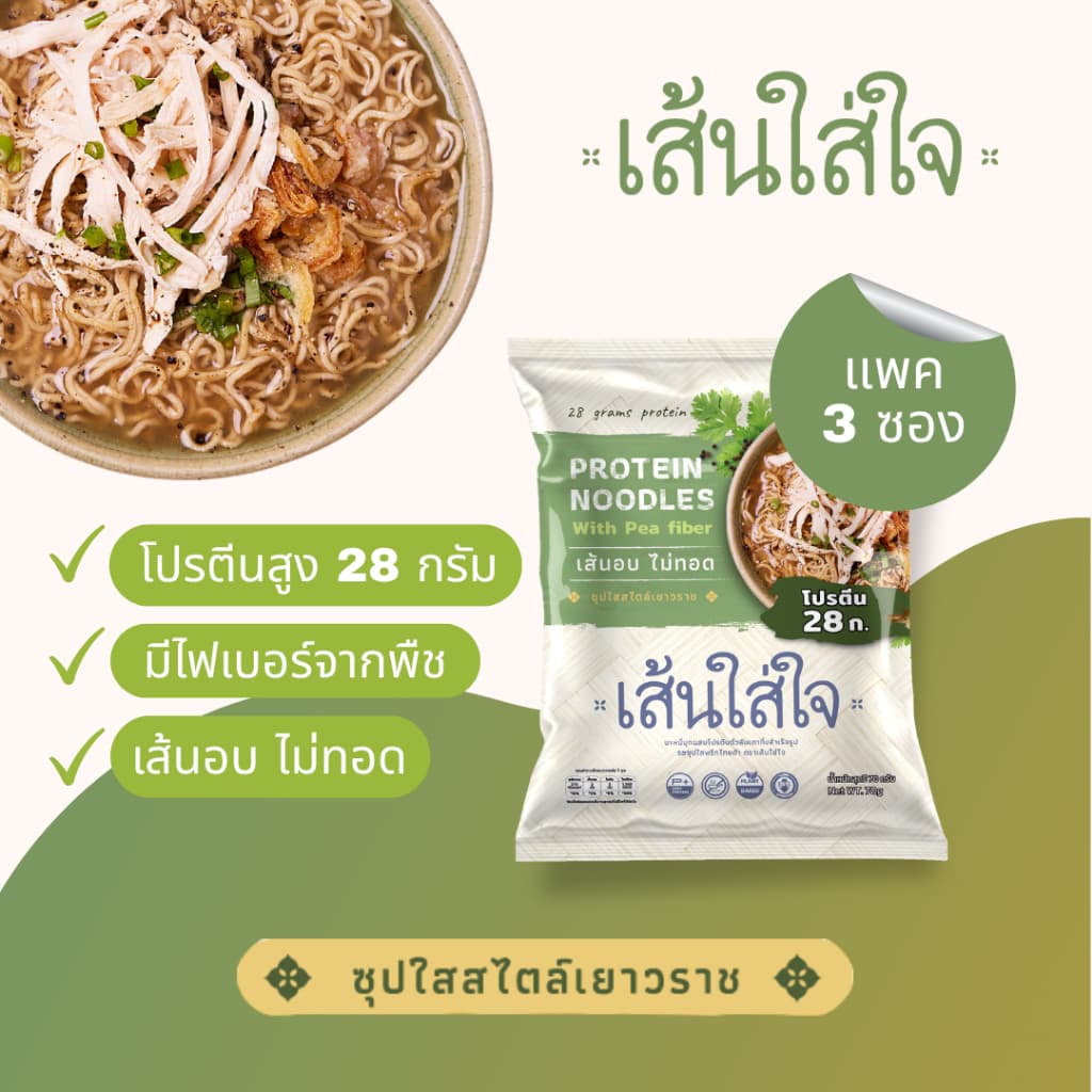 บะหมี่เส้นโปรตีนสูงกึ่งสำเร็จรูป โปรตีนพืช 27-28กรัม อร่อยมาก พลัสไฟเบอร์ อบ ไม่ทอด เส้นใส่ใจ รูปที่ 1
