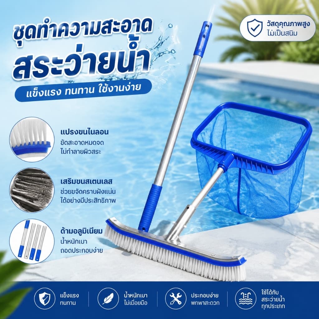 แปรงทำความสะอาดสระว่ายน้ำ แปรงขัดสระน้ำ อลูมิเนียม 18นิ้ว stainless steel Pool brush for cleaning swimming pool tiles รูปที่ 1