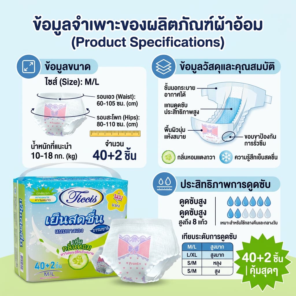 Ticcis ผ้าอนามัยแบบกางเกง (42ชิ้น)  มีกลิ่นหอมและความเย็น เหมือนเมฆ ผ้าอนามัย  Size M-4XL