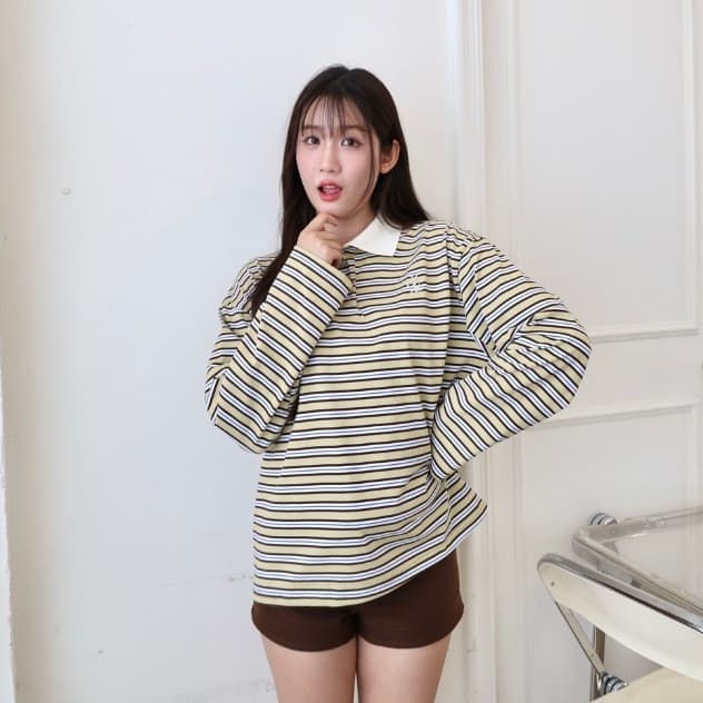 JARINYA เสื้อเชิ้ตคอปกแขนยาวลายทาง Unisex ทรง Oversize เนื้อผ้าคุณภาพเกรดดี ใส่สบาย ปักอะไหล่ โลโก้ รูปที่ 5