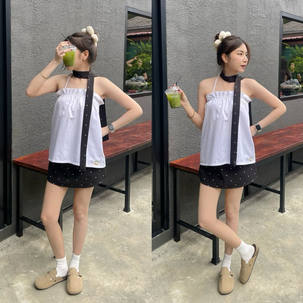 BRB : Polka dots skirt กระโปรงสั้น XS-2XL ลายจุด เอวสูง ซับใน2ชั้น แถมเชือกผูกผม 1 เส้น รูปที่ 5