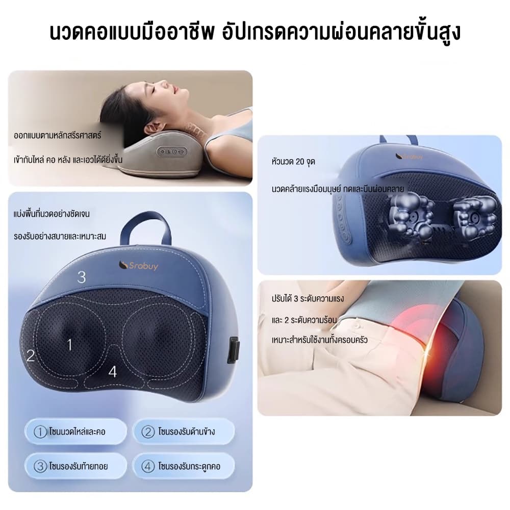 Srabuy หมอนนวดไฟฟ้า มการนวดแบบ 3D สองทิศทาง ประคบร้อนพร้อ ไร้สายเครื่องนวดคอบ่า เบาะนวดอเนกประสงค์ รูปที่ 5