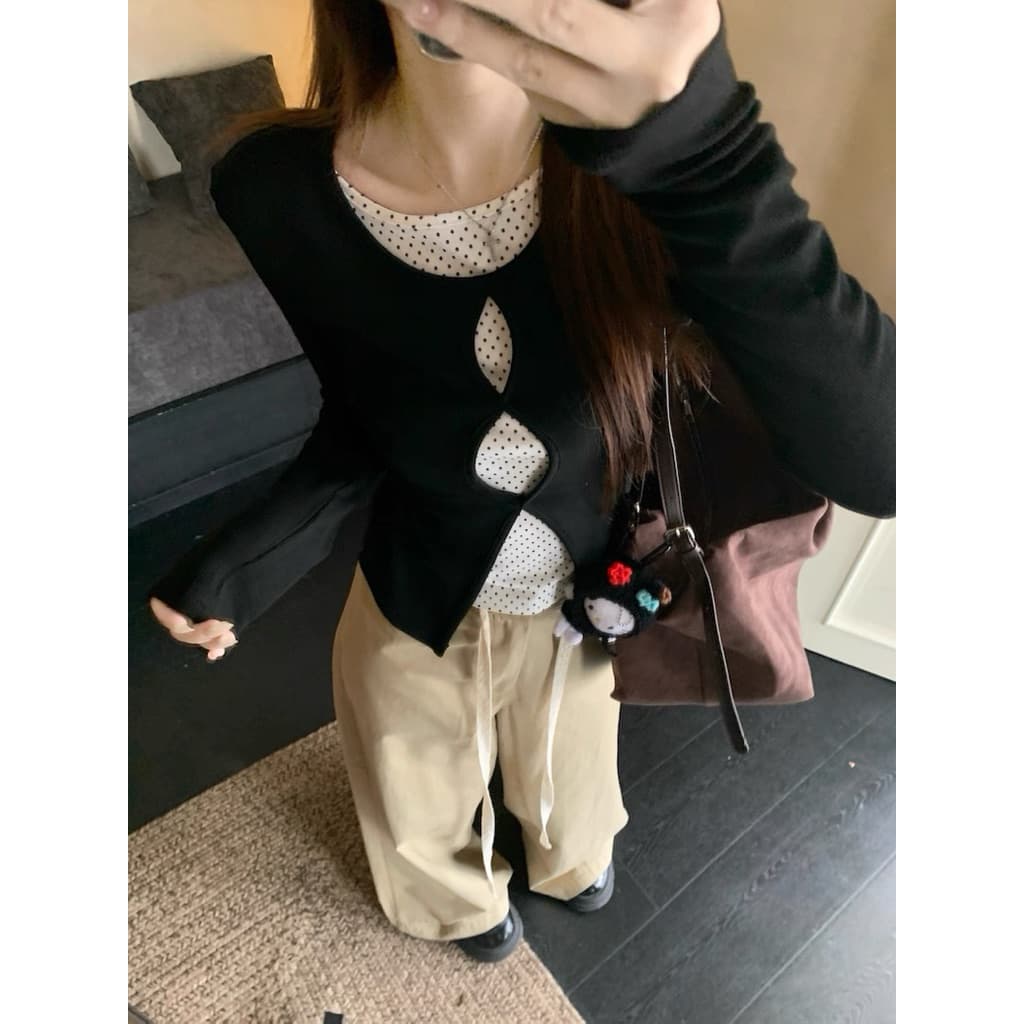 STR เสื้อยืดแขนยาวทรงครอป ดีไซน์เก๋เก๋ เสื้อเชิ้ตรัดรูปสองชิ้นติดกัน สายโพกาดอท สไตล์เกาหลี แฟชั่นผู้หญิงY2K รูปที่ 2