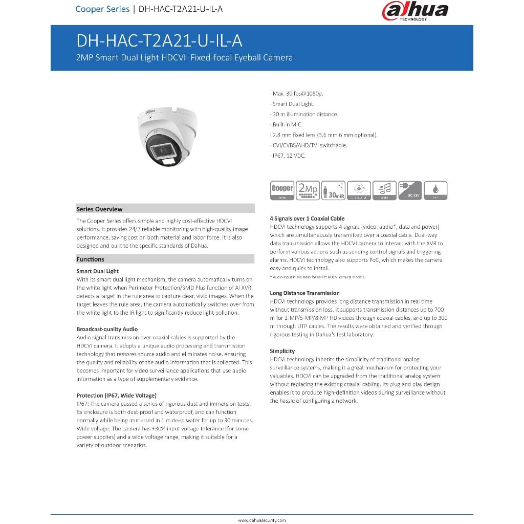 กล้องวงจรปิด DAHUA ชนิด ANALOG รุ่น DH-HAC-T2A21-U-IL-A บันทึกภาพพร้อมเสียง โหมดสลับภาพสี-ภาพขาวดำ รูปที่ 2