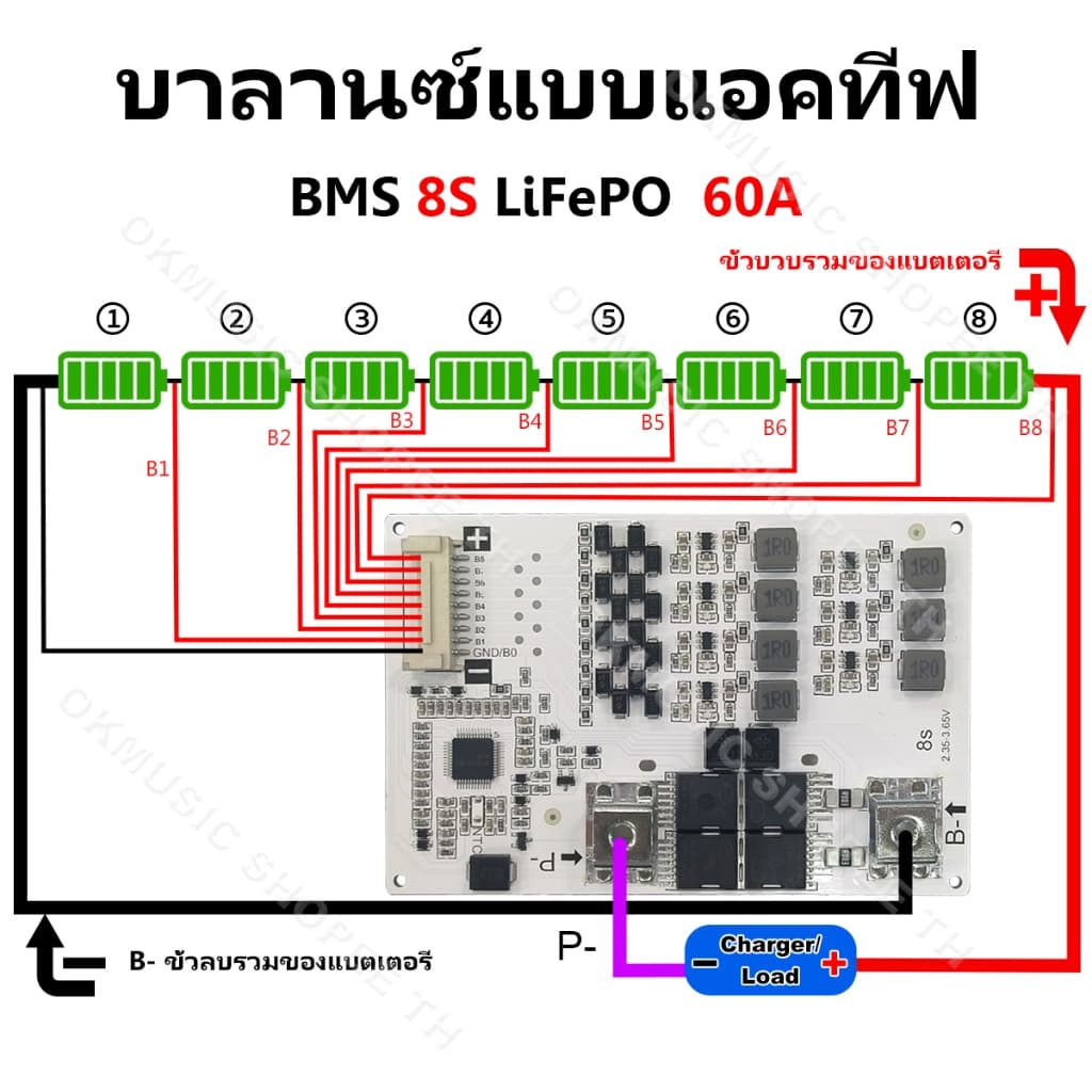 BMS พร้อมบาลานซ์อัตโนมัติ สำหรับแบต LiFePO4 32650 รองรับ 4S 6S 8S กระแสสูงสุด 50A ป้องกันไฟเกิน ชาร์จเกิน รูปที่ 5
