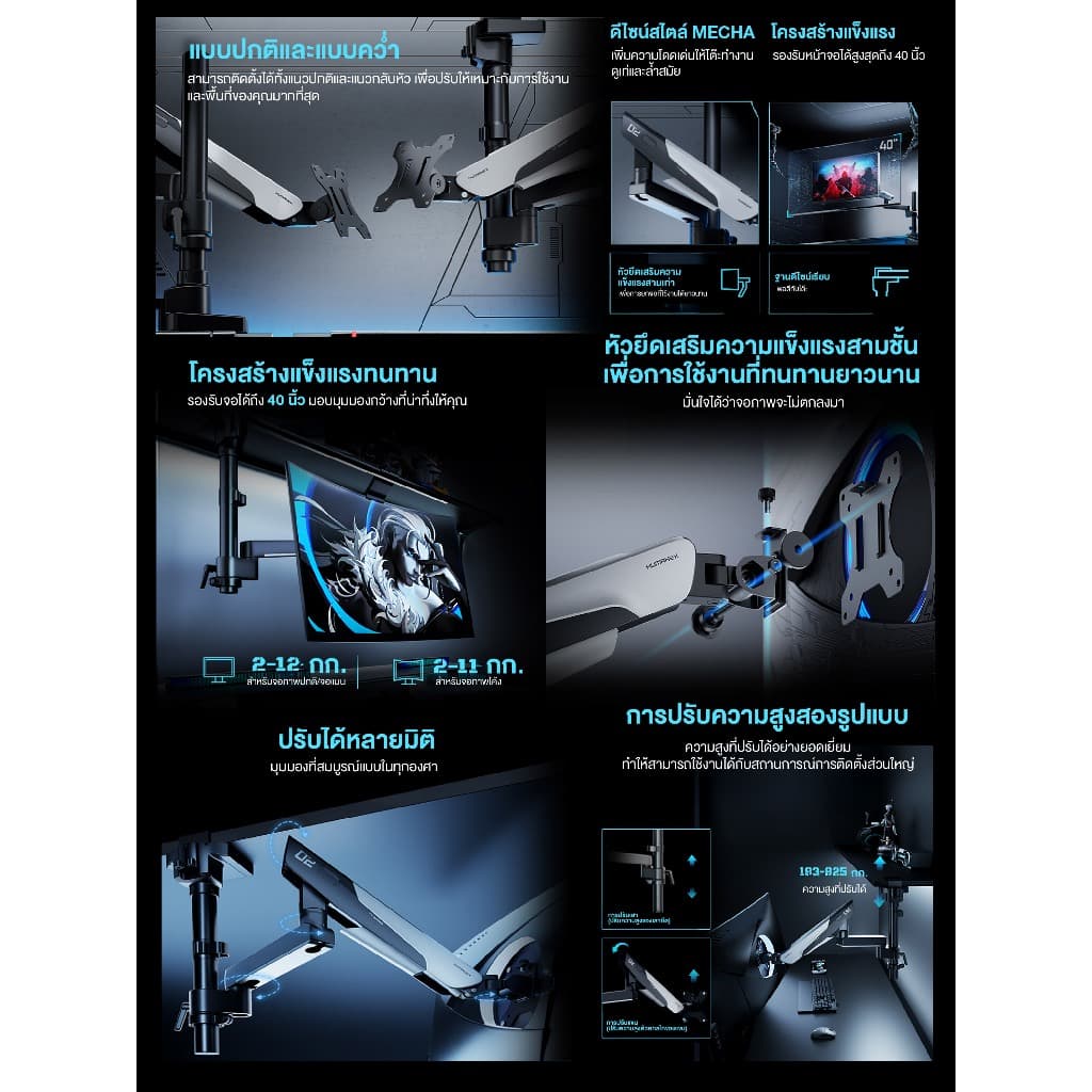 ขาตั้งจอมอนิเตอร์ Humanex TX02-1PG / TX02-1PB Inverted Gaming Monitor Arm | สำหรับจอ 17-40 นิ้ว รับประกัน 3 ปี รูปที่ 2