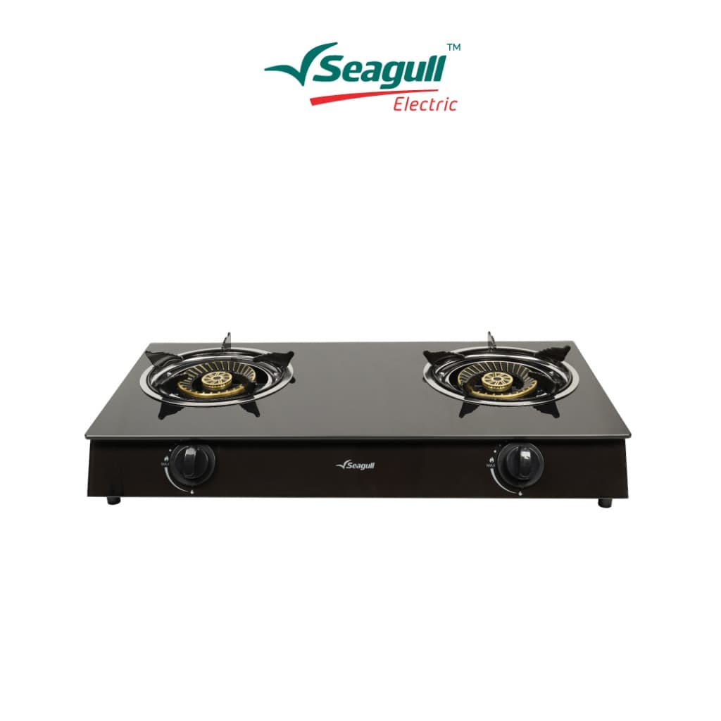 Seagull เตาแก๊สตั้งโต๊ะ 2 หัวทองเหลืองแท้ หน้ากระจก (ดำ) 2-Burner Glass Table Top Gas Stove (Black) เตาแก๊ส2หัว