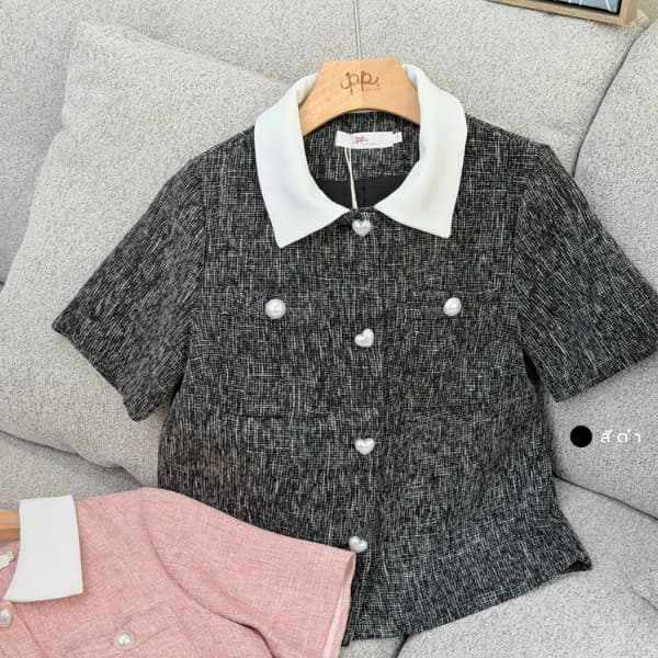 POI เสื้อคอปกแขนสั้นกระเป๋าหน้าคู่แต่งกระดุมมุก L052H5 รูปที่ 8