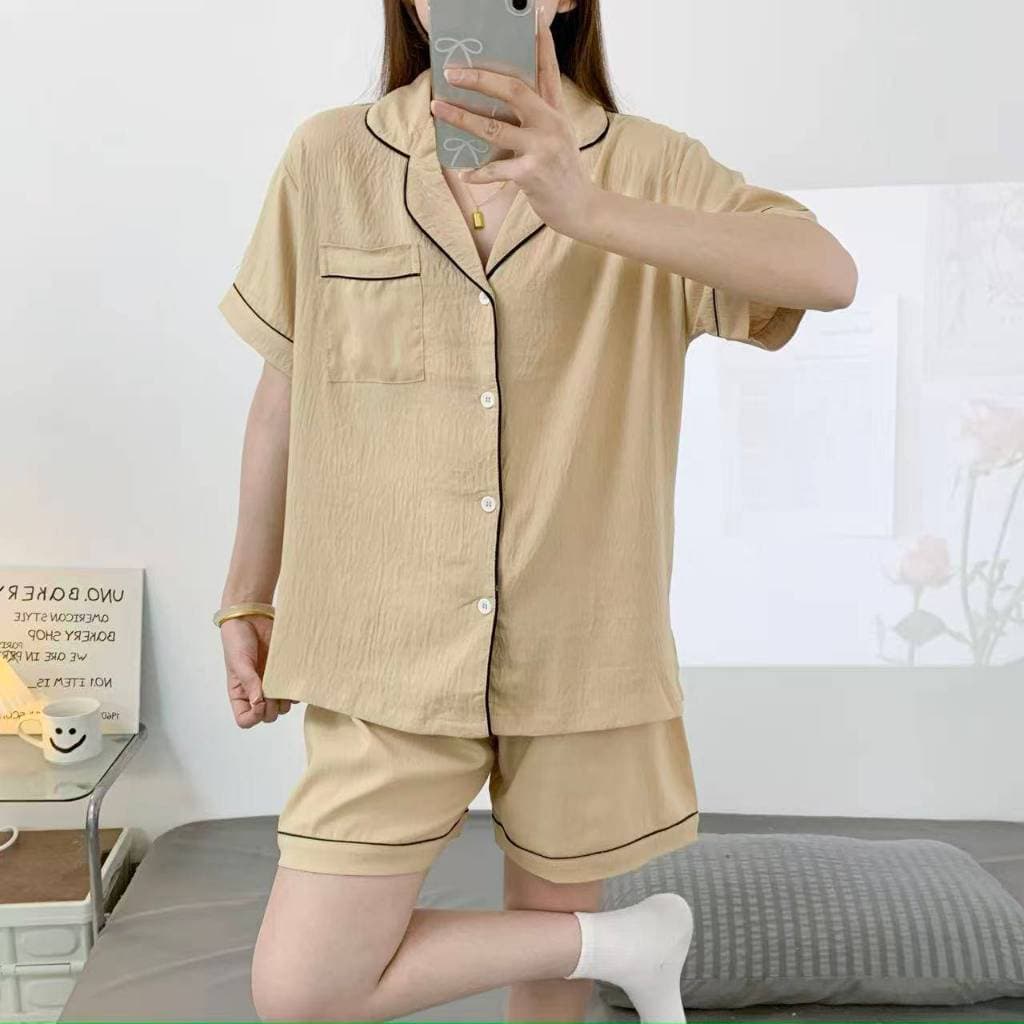 ชุดนอนผ้าไหมญี่ปุ่นสีพื้น เเขนสั้น-ขาสั้น ผ้านิ่มใส่สบาย ฟรีไซส์อก44 รูปที่ 6