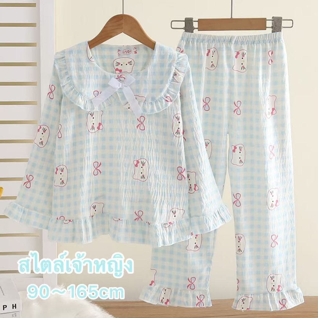 เสื้อผ้าสาวๆ,ชุดนอนเด็กผู้หญิง,สไตล์เจ้าหญิง,ความนุ่มและบางเบา,เสื้อแขนยาว+กางเกงขายาว รูปที่ 1
