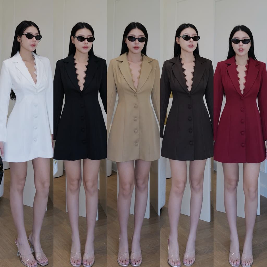 New INTUON ชุดสูทเดรส ทรงหรูดูแพงแต่งลูกไม้รอบหน้าอก เสริมไหล่มีซับใน รูปที่ 1