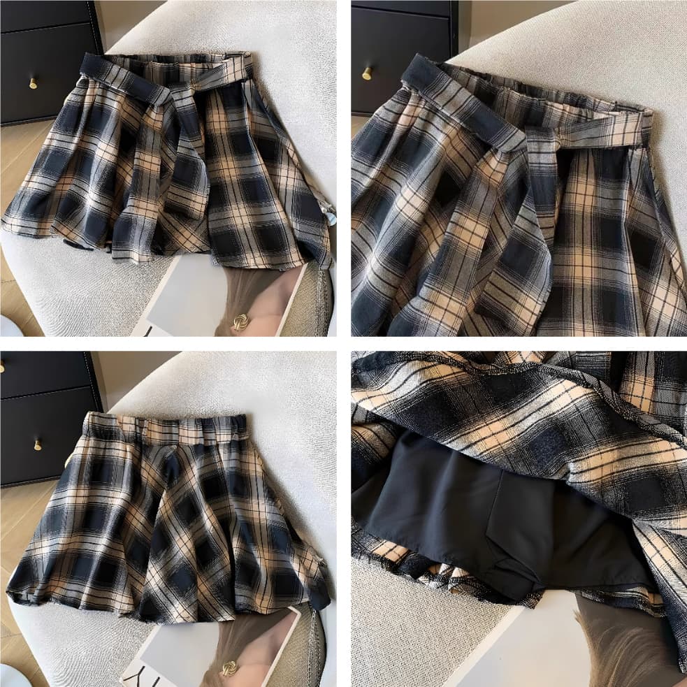 S~5XL Mini Plaid skirt สีน้ำตาล กระโปรงลายสก็อตเอวสูงสไตล์เกาหลีเรโทร กระโปรงสั้นทรงเอไลน์แบบไม่สมมาตรสุดเก๋ HOT รูปที่ 9