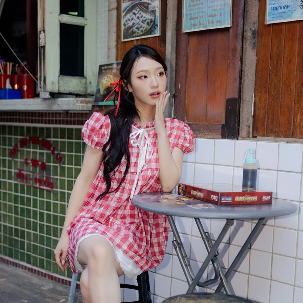 RIKA เป่าเป้ย มินิเดรสแขนกระป๋องคอระบายโบว์หน้า รูปที่ 8