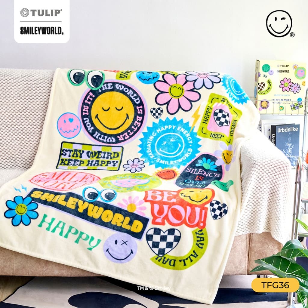 TULIP Fleece SmileyWorld ผ้าห่มขนแกะเทียม TFG36 สไมลีย์เวิลด์ ลิขสิทธิ์แท้ ผ้าห่มฟลีซ หนานุ่ม Smiley World รูปที่ 2