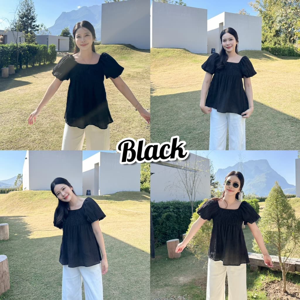 SUNNY BLOUSE เสื้อคอเหลี่ยมแขนพองทรงบอลลูน สม็อคช่วงอก ยืดได้เยอะ ผ้าฝ้ายผสมอัดยับย่น รูปที่ 2