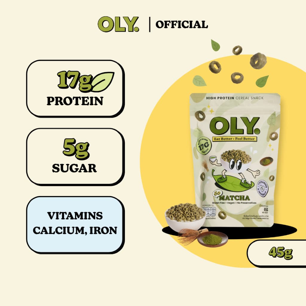 OLY. Go Matcha Plant Based High Protein Cereal 45g โอลี่ ซีเรียลโปรตีนสูง รสมัทฉะ 45g รูปที่ 1