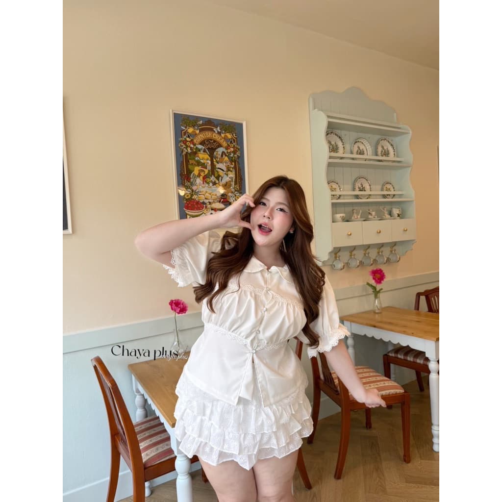 LindaaPlus-- เสื้อคอบัวลูกไม้สาวอวบ ˖ แต่งจีบอก แต่งลูกไม้รอบตัว พร้อมเชือกหลังมัดเข้ารูป รูปที่ 5