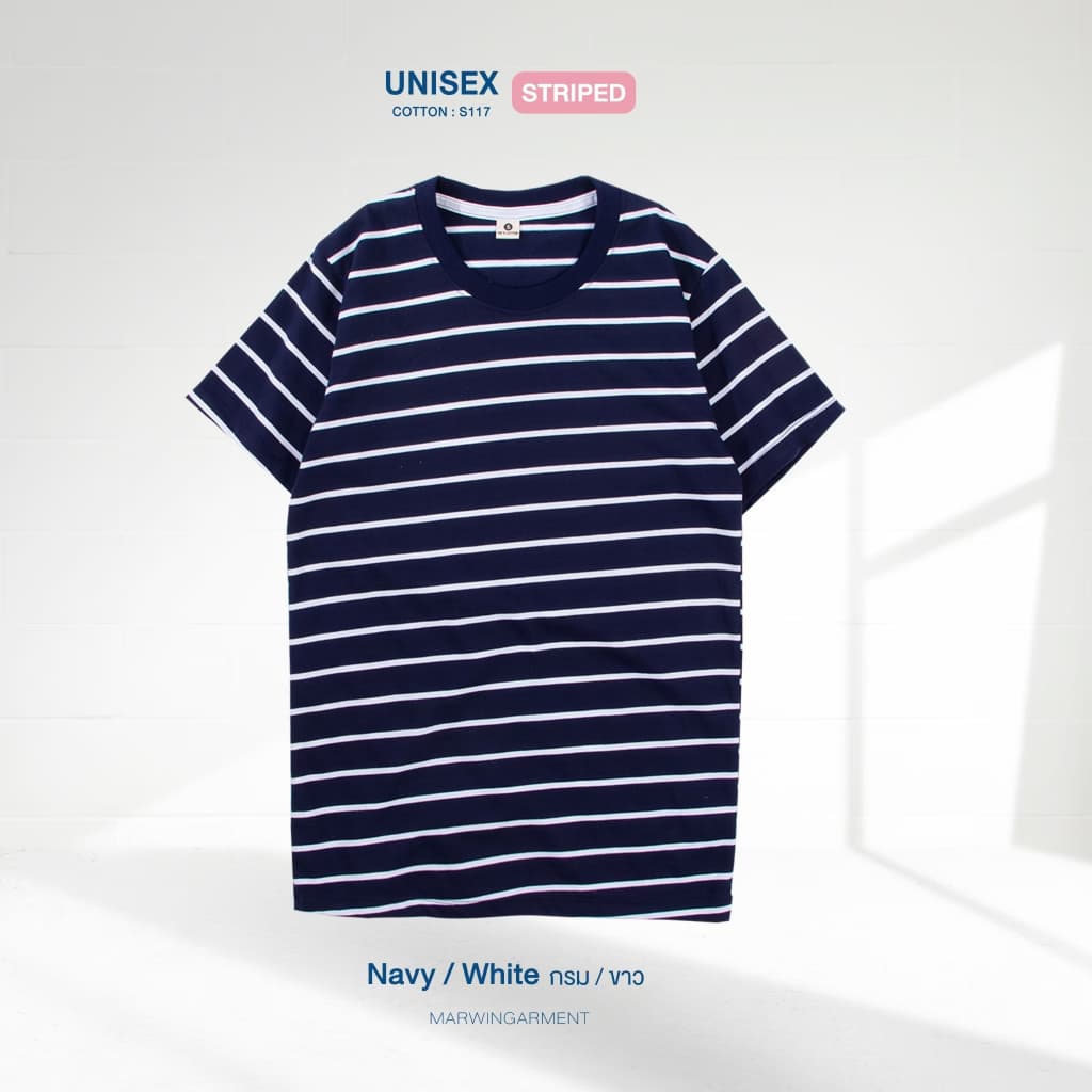 เสื้อยืดริ้ว โทนสีกรม Striped คอกลม เเขนสั้น รูปที่ 5