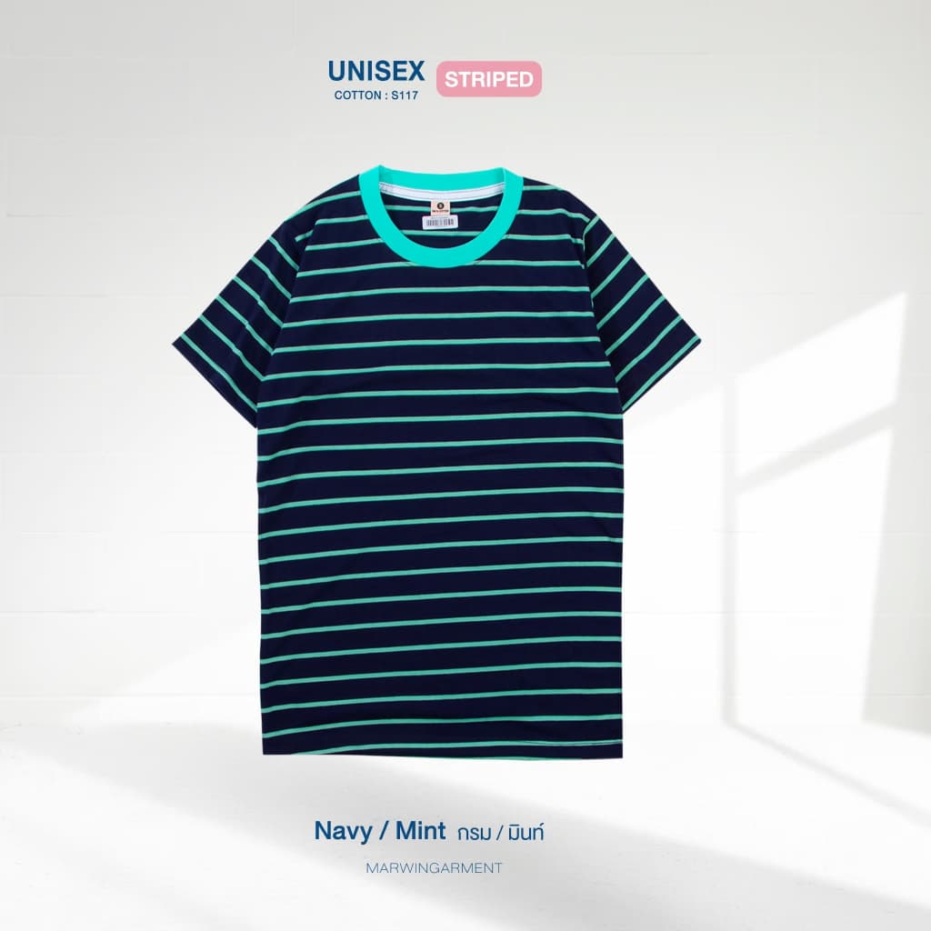 เสื้อยืดริ้ว โทนสีกรม Striped คอกลม เเขนสั้น รูปที่ 9