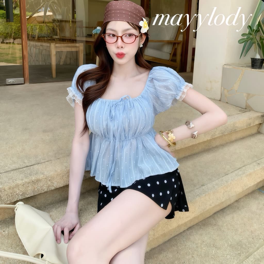 mayylody Pinky TOP เสื้อแขนตุ๊กตา แต่งระบายลูกไม้ ผ้าพิมพ์ลาย สุดฮิต ชุดไปทะเล ชุดไปคาเฟ่ รูปที่ 5
