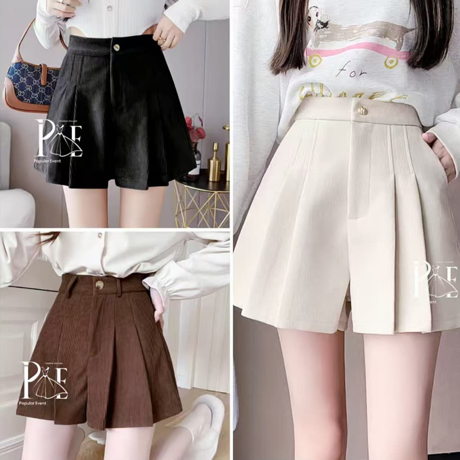 กางเกงขาสั้นเอวสูง ผ้าลูกฟูก เอวสม็อค สไตล์เกาหลี ใส่สบาย Clothing เสื้อผ้า รูปที่ 1