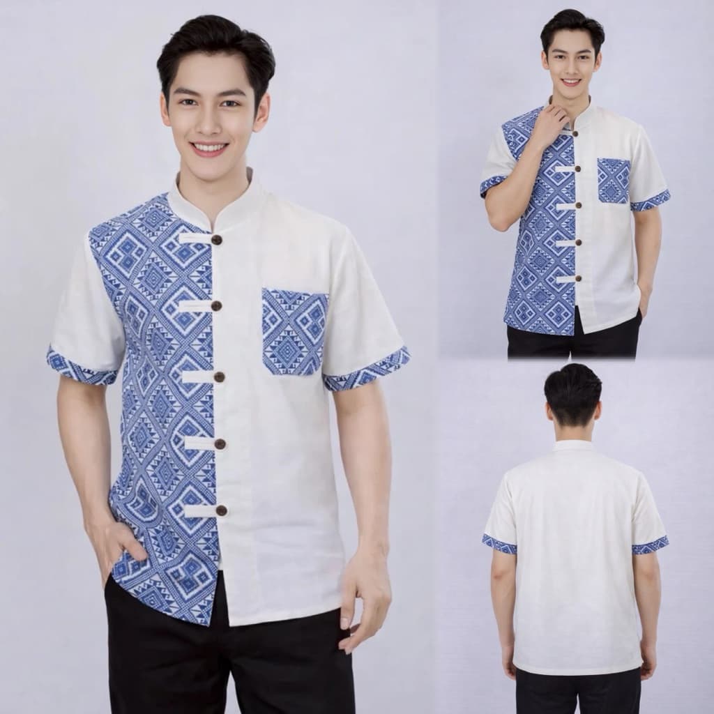 เสื้อคอจีนผู้ชาย ลายขิด/ลายไทย ทูโทน รูปที่ 6
