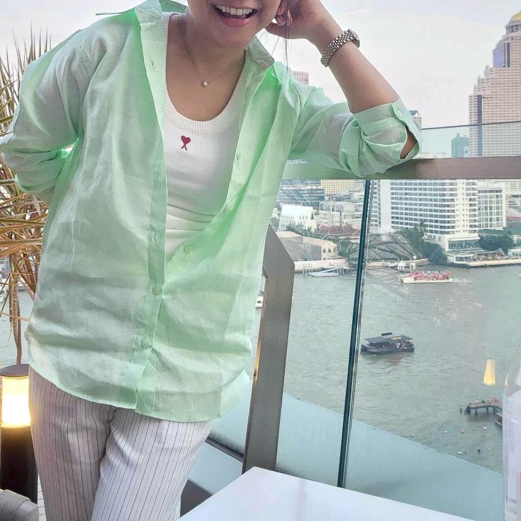 เสื้อเชิ้ตลินินแท้ 100% งานเกรดพรีเมี่ยม โทนสีเขียวเหลือง รูปที่ 3
