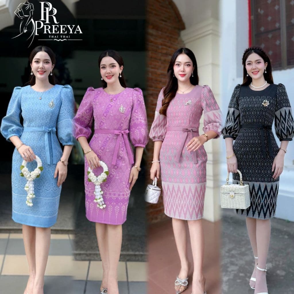 PR159 เดรสผ้าฝ้ายทอลาย ยกแขน อัดกาวทั้งชุด แบรนด์ preeya มีไซส์S-2XL ชุดไทย ชุดผ้าไทย รูปที่ 1