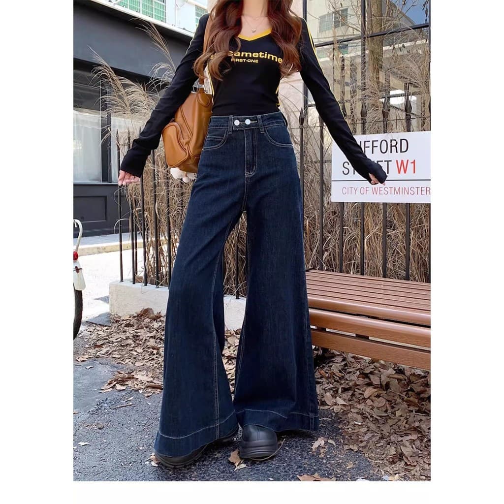S~5XLBaggy jeans Navyblue กางเกงขายาวทรงตรงขาบานเอวสูงสีน้ำเงินเข้ม ดีไซน์แบบเรโทรสองปุ่ม กางเกงยีนส์ทรงหลวมลำลอง HOT รูปที่ 9