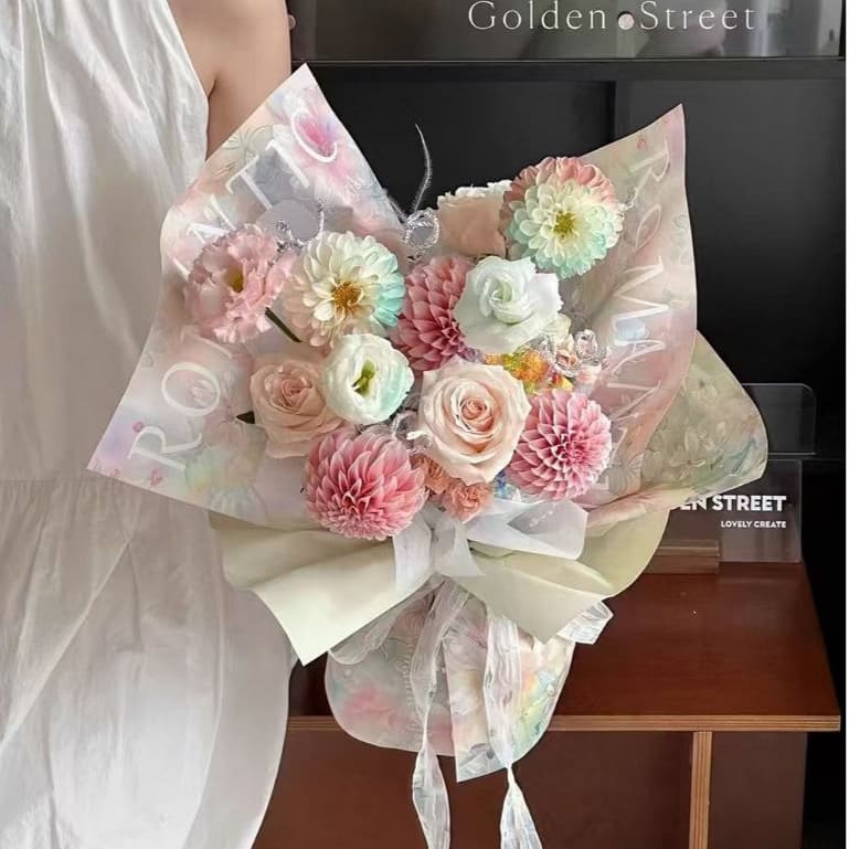 BAG 10แผ่น/แพ็ค กระดาษห่อช่อดอกไม้ แบบช่อ ช่อใหญ่ กระดาษห่อของขวัญ ลายดอกไม้ สีพลาสเทล ตกแต่ง ตัดแต่งดอกไม้ รูปที่ 5