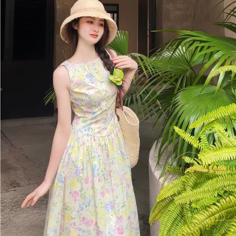 ส่ง เดรสเสื้อกล้ามลายดอกไม้สีสันสดใส สไตล์ฝรั่งเศสชนบท ทรงรัดเอวผอมสง่างาม หลวมสบาย เหมาะท่องเที่ยวฤดูร้อน รูปที่ 1