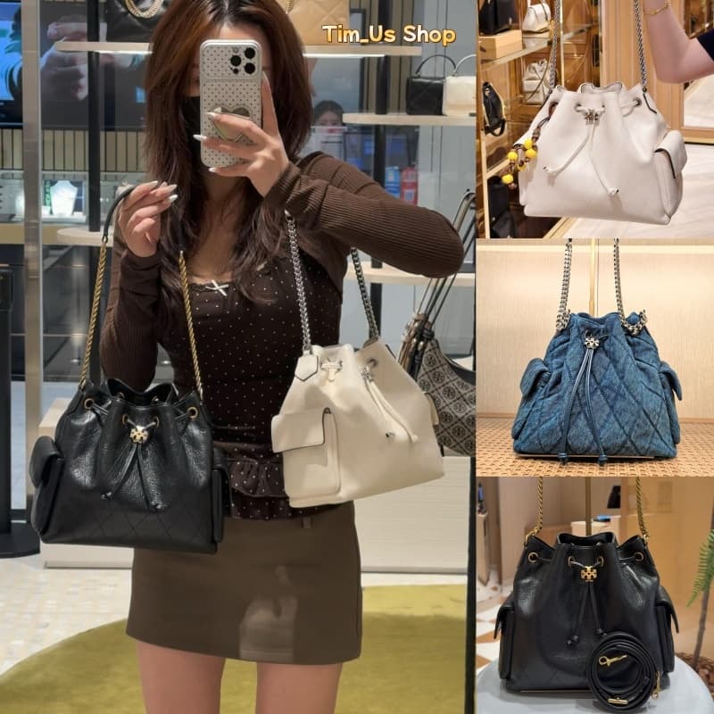 ของแท้Tory Burch Charlie Bucket bag Shoulder bag กระเป๋าสะพายไหล่ดีไซน์รูดเชือก การเย็บตารางเพชร รูปที่ 1