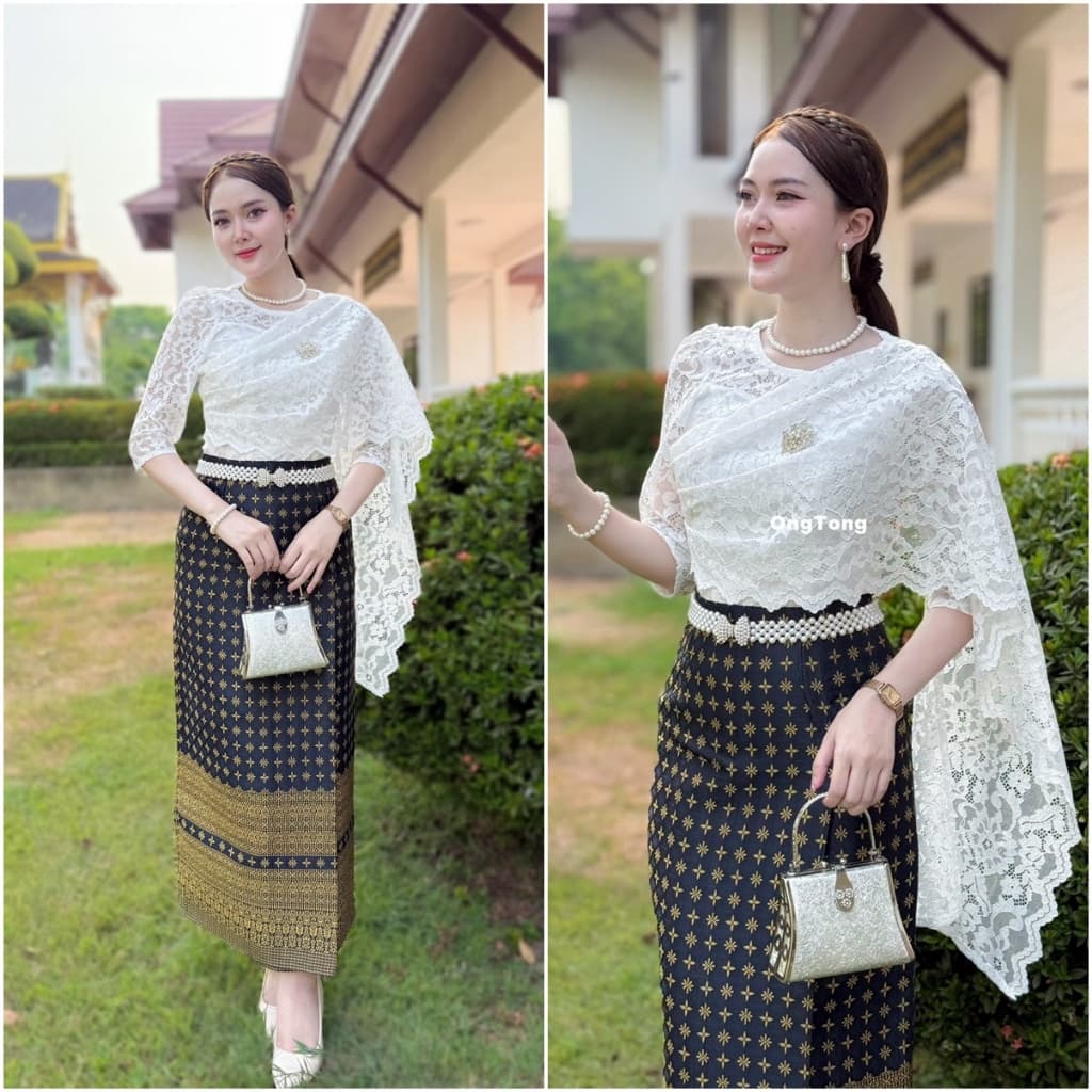 ขายแยกเฉพาะผ้าถุง-เสื้อ ผ้าไหมทอลายอัดกาวตัดเย็บสำเร็จ ซิปหลัง เลือกตามไซส์ เอว สะโพก รูปที่ 2