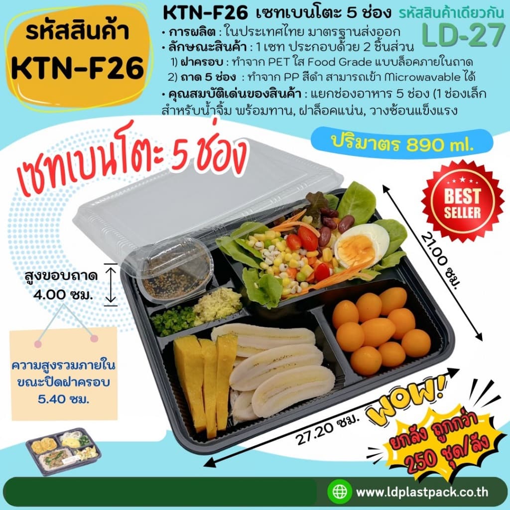 เซทเบนโตะ 5ช่อง ถาดสีดำเข้า Microwavable ได้ พร้อมฝาใส กล่องใส่อาหาร food grade รูปที่ 1