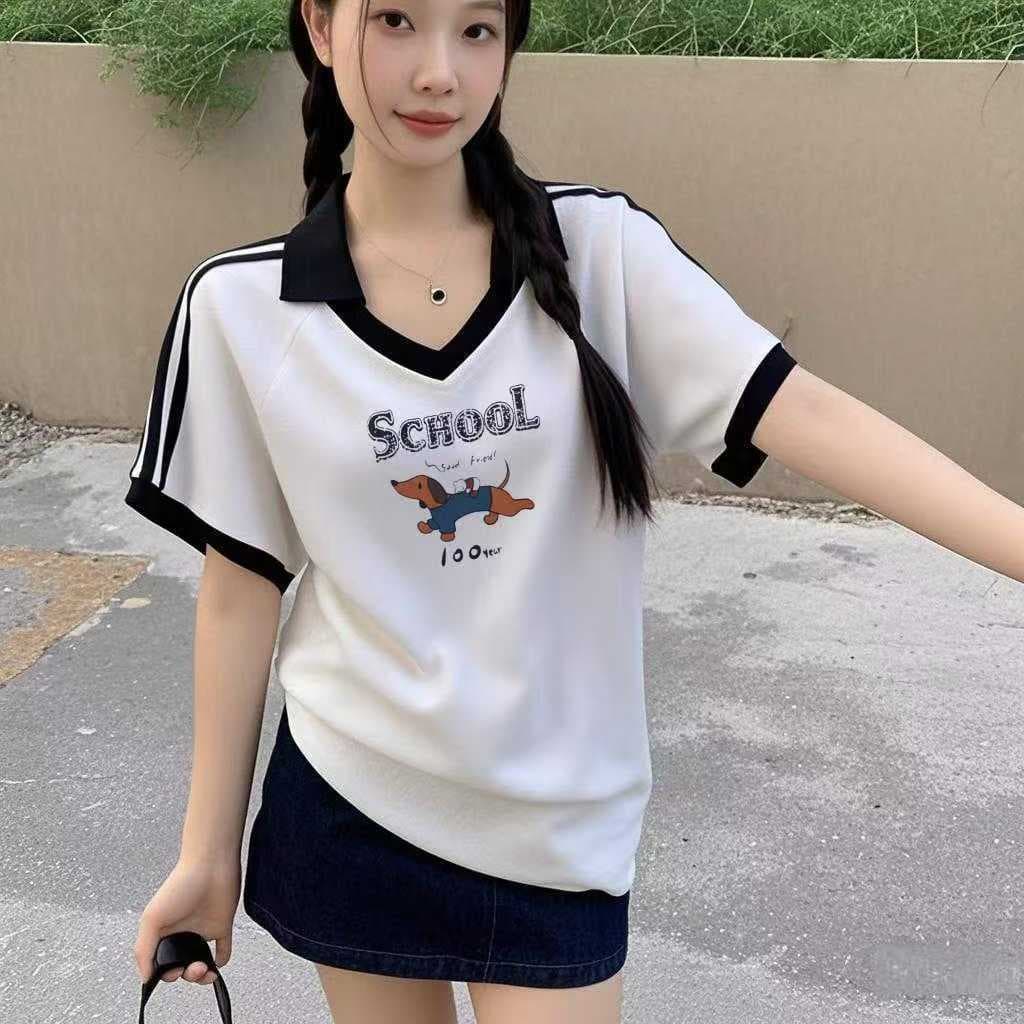 เสื้อปกทรงสเก็ตสวยๆผู้หญิงแฟชั่นมาใหม่ oversize เสื้อผ้าสาวอวบไซส์ใหญ่น่ารัก เสื้อยืดคอวีทรงหลวมสไตล์เกาหลี preppy style รูปที่ 7