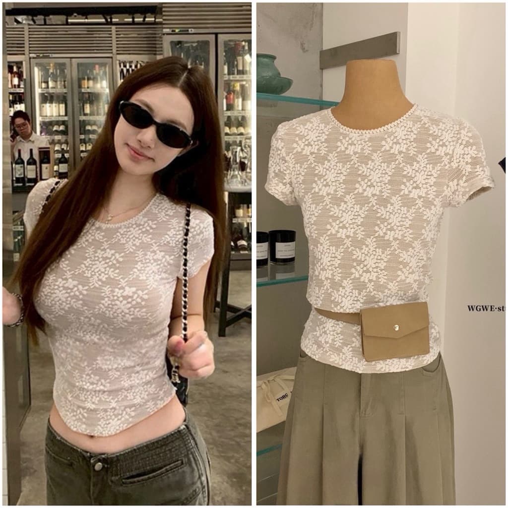 9273 เสื้อลูกไม้ซีทรูทอฉลุลาย 3D สวยปราณีต ทรงเข้ารูปสลิมฟิตเป๊ะ ดีเทลคอกลมกุ๊นขอบหยักสุดคิ้วท์ เนื้อผ้านิ่ม รูปที่ 2