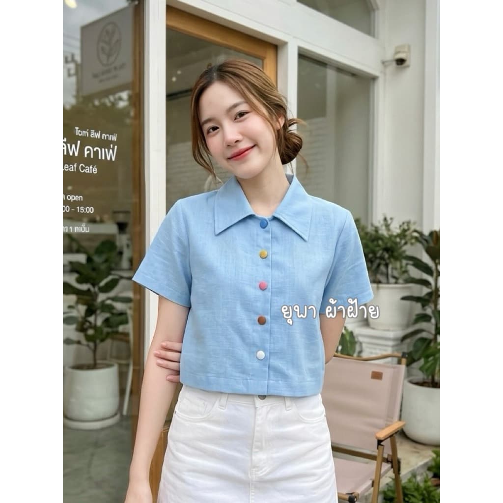 เสื้อคอปกปีกใหญ่ผ้าฝ้ายชินมัยพื้นเมือง มินิมอล รูปที่ 5