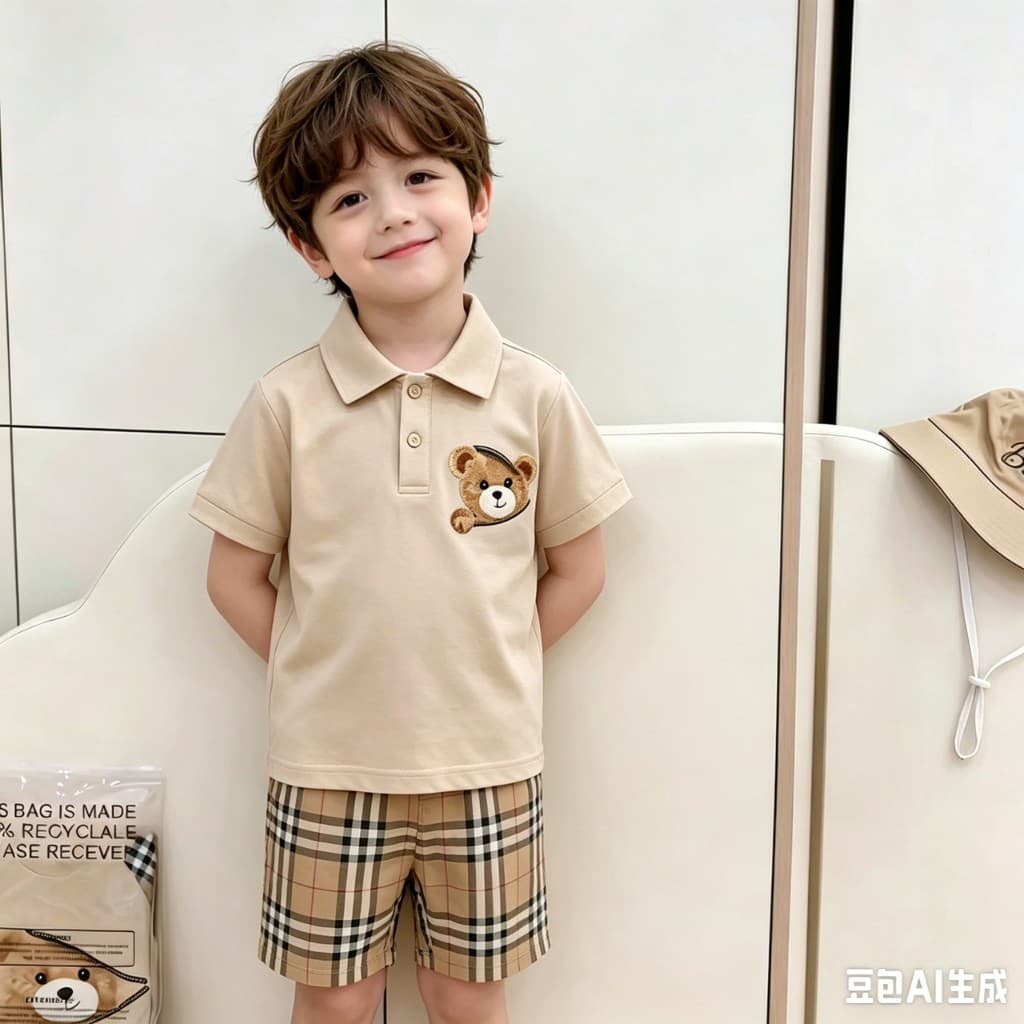 BB259 ชุดเซ็ตเด็ก ลายหมี Polo + กางเกงขาสั้นลายสก็อต ใส่เที่ยว/ออกงาน รูปที่ 2