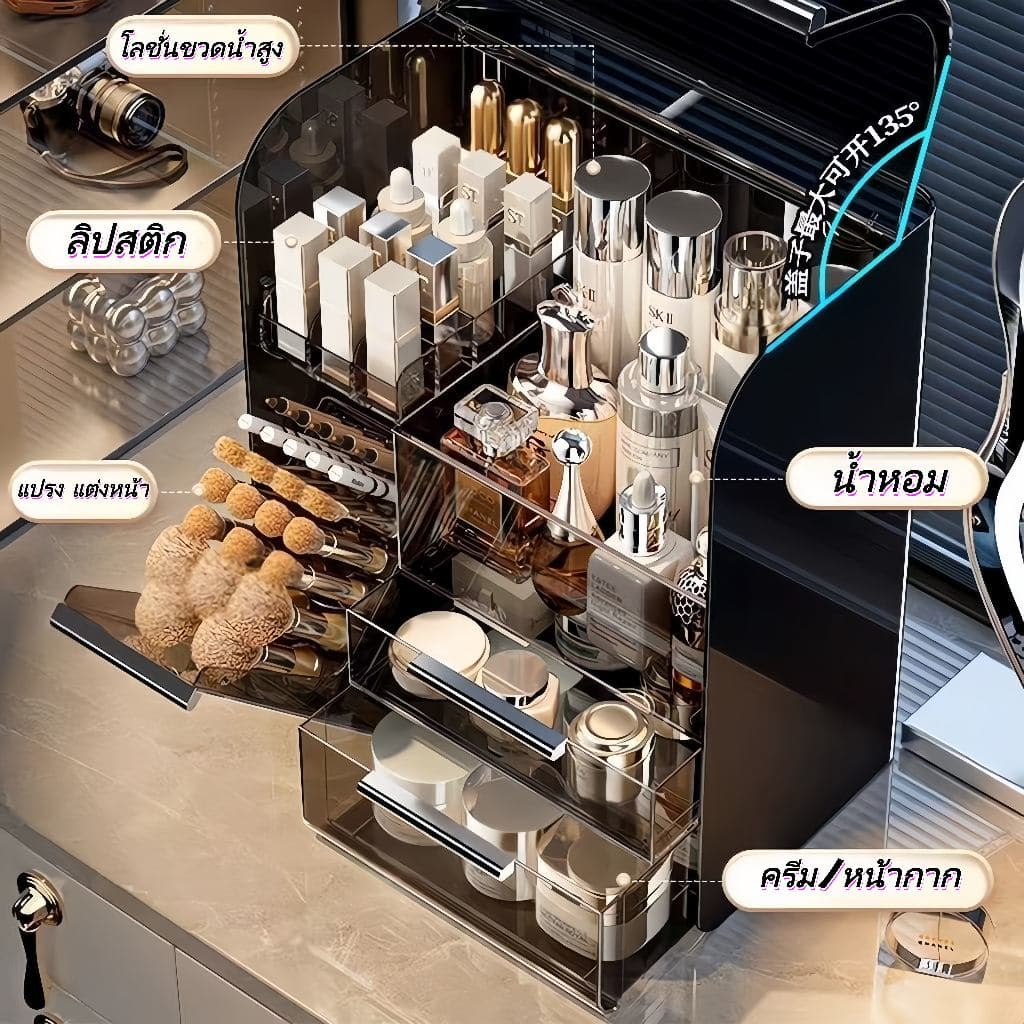 MOHOMALL กล่องเก็บเครื่องสำอางขนาดใหญ่หลายฟังก์ชัน PET ใส มีลิ้นชัก ชั้นเก็บเครื่องสำอาง พร้อมช่องใส่ลิปสติกแปรงแต่งหน้า รูปที่ 7