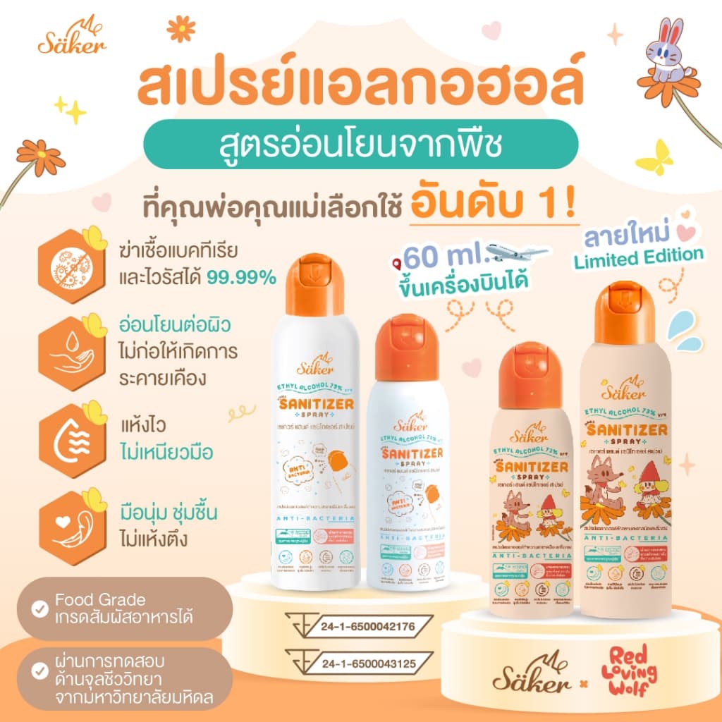 Saker สเปรย์แอลกอฮอล์พืชธรรมชาติ ฟู๊ดเกรดสัมผัสอาหาร ทำความสะอาดมือ,สิ่งของ คุณภาพสูงมาตรฐานญี่ปุ่น