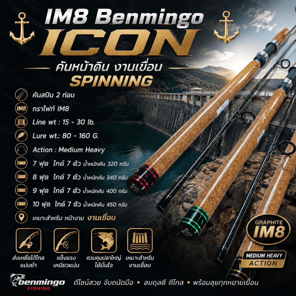 คันหน้าดิน กราไฟท์ IM8 Benmingo ICON Line wt. 15-30 lb. Lure wt. 80-160 g. สำหรับงานเขื่อน Spinning รูปที่ 1