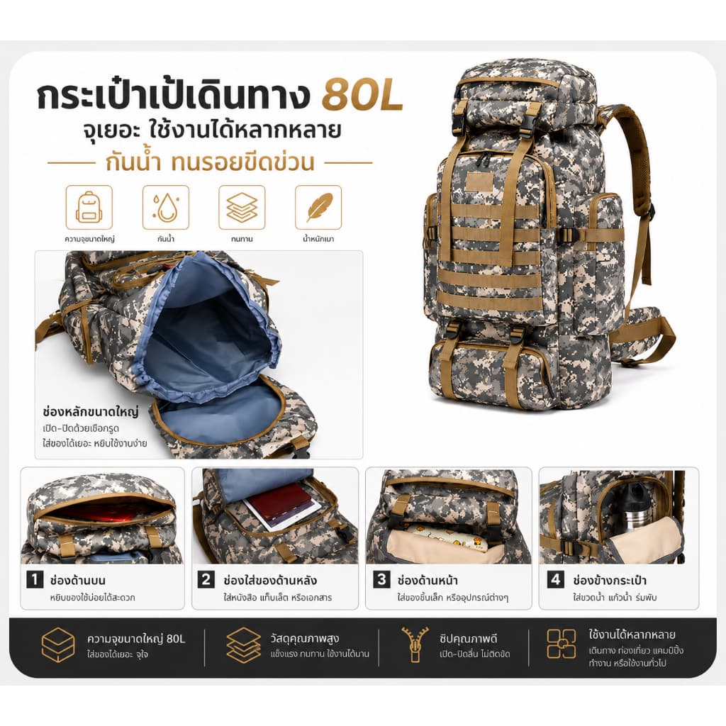 กระเป๋าเดินทาง 80L Backpack กันน้ำ ใบใหญ่ รุ่นลายทหาร / สีดำ กระเป๋าเดินป่า แคมป์ปิ้ง Outdoor จุเยอะ ทนทาน รูปที่ 7