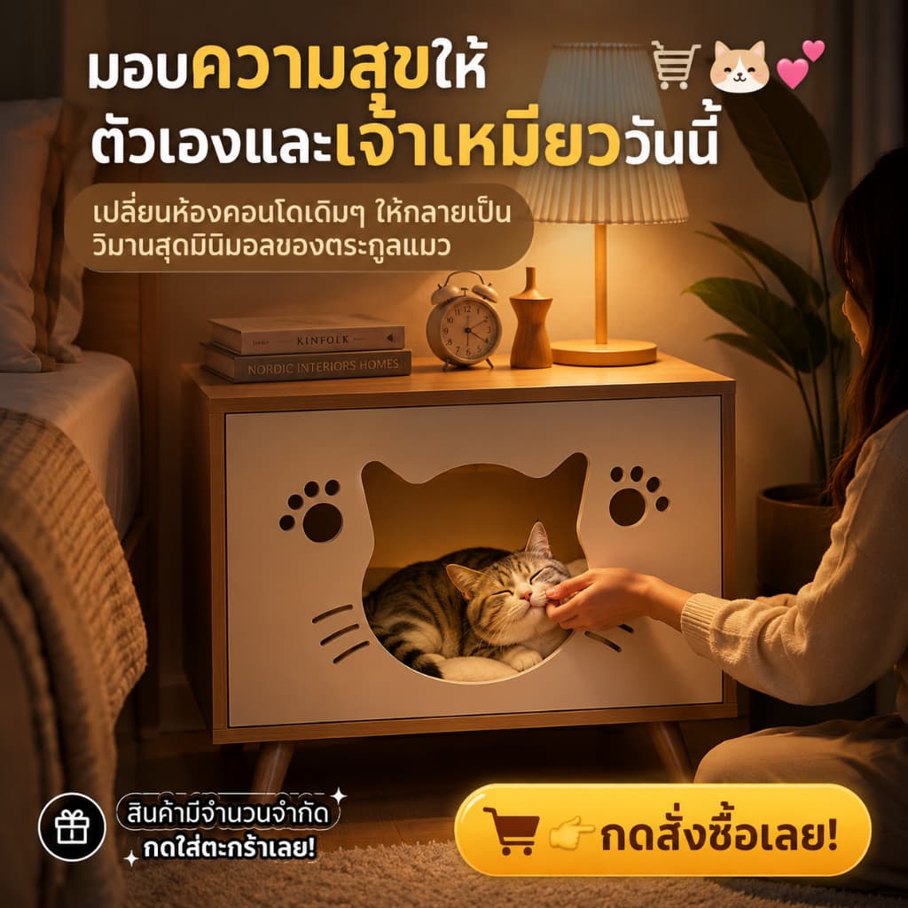 CC โต๊ะข้างเตียง บ้านแมว 2-in-1 | ตู้เก็บของ สำหรับน้องแมว ที่นอนแมว น่ารัก ใช้พื้นที่น้อย รูปที่ 9